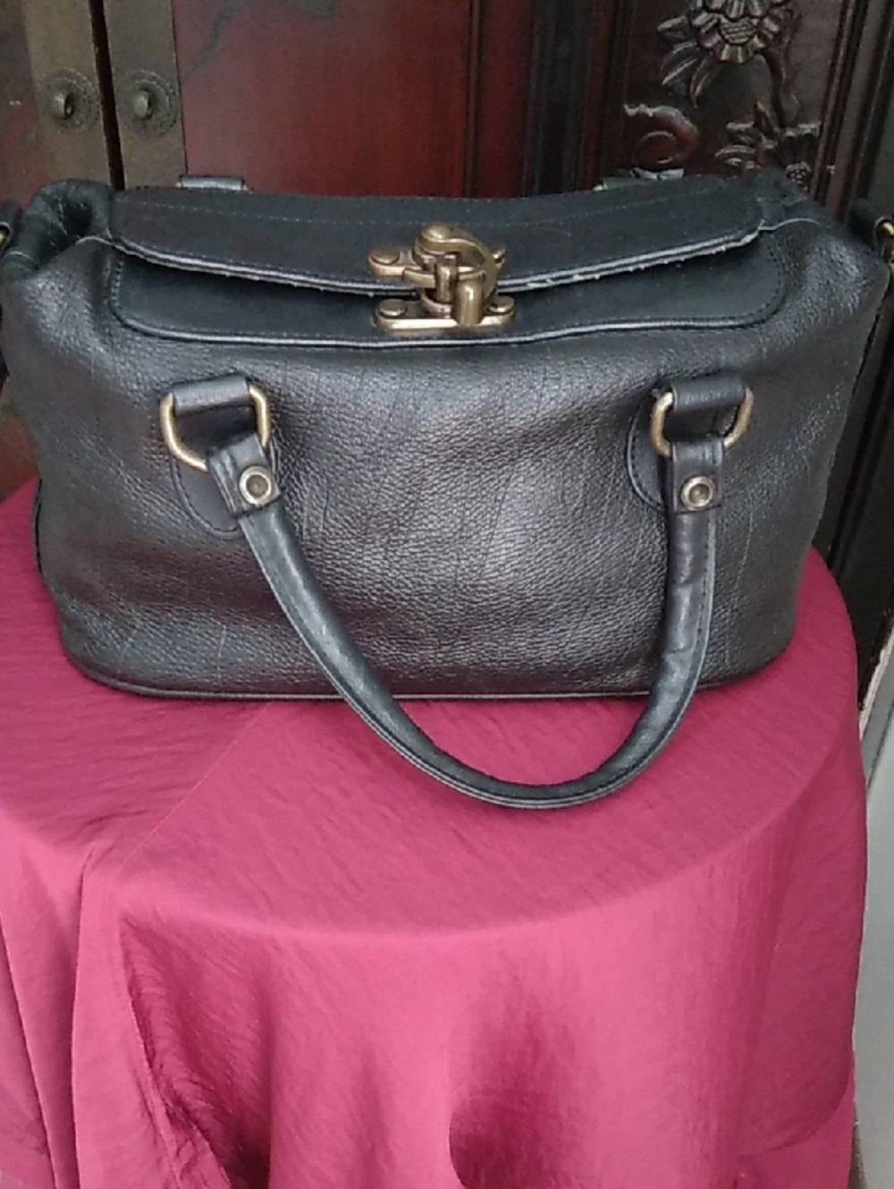 Vintage Brass and Black Faux Leather Top-Handle Boxy Crossbody Bag